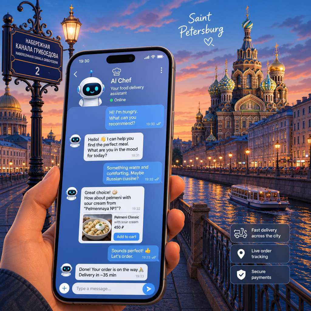 Иллюстрация AI-чат-бота для службы доставки еды в Санкт-Петербурге