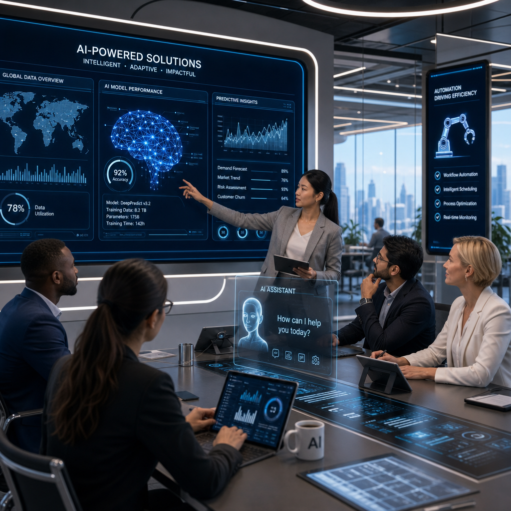 Business professionals collaborating with AI technology in a modern office.
