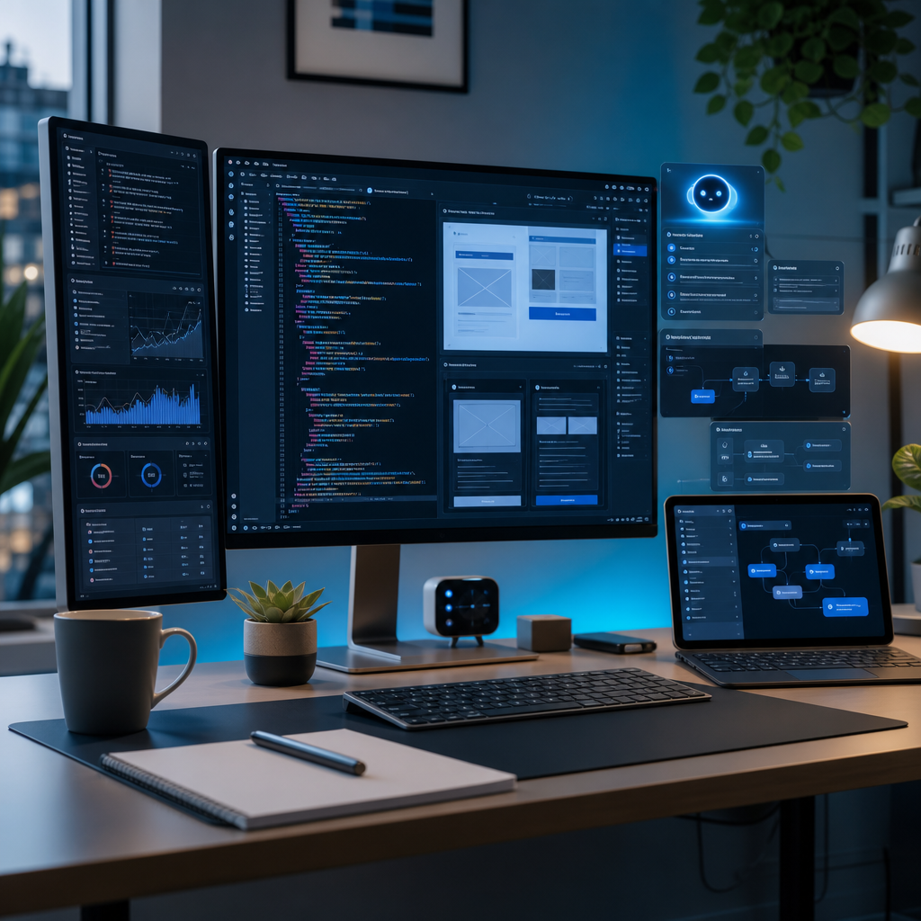 Веб-разработчик использует AI-инструменты при создании сайта