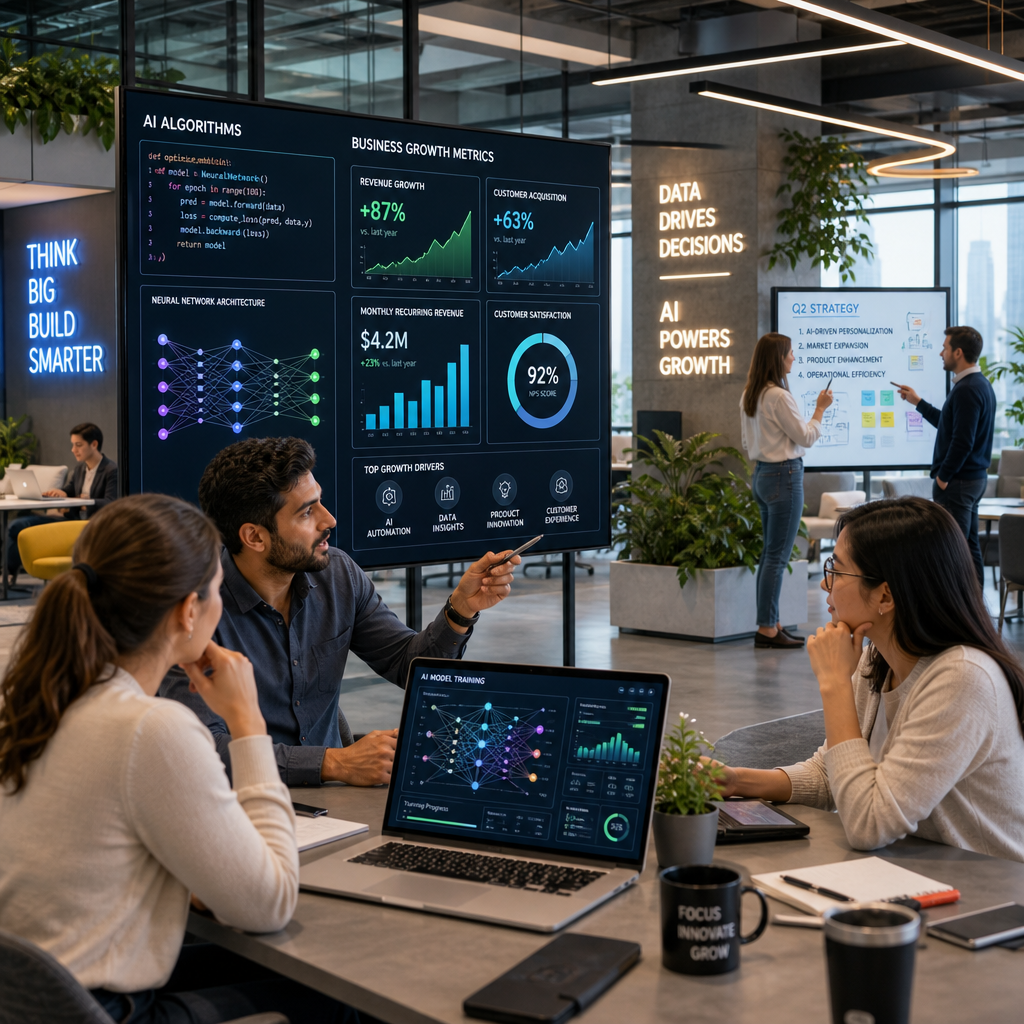 A collaborative work environment showing the influence of AI on business.