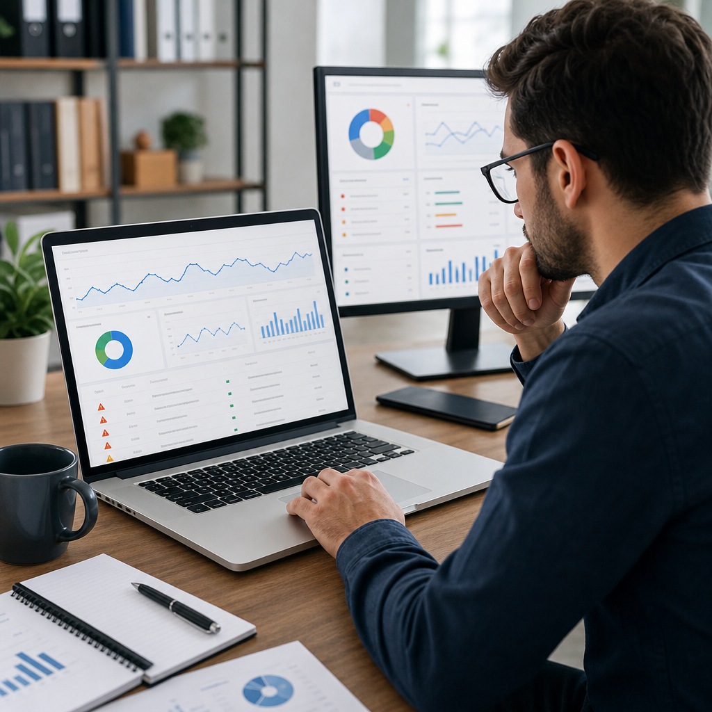 Специалист анализирует ошибки SEO на панели аналитики сайта