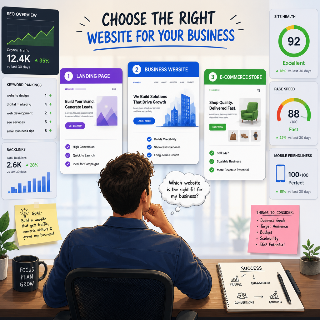 An illustration of a businessperson choosing between website options with SEO metrics.