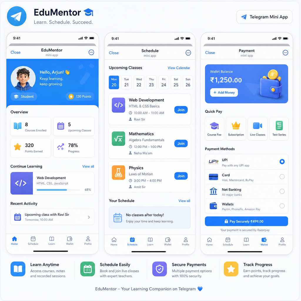 Интерфейс Telegram Mini App для онлайн-школы английского
