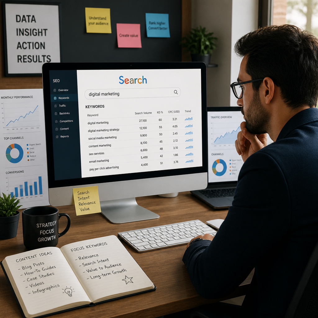 Иллюстрация выбора ключевых слов для SEO с графиками и бизнесменом